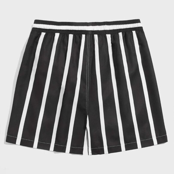 Black Vacation Style Striped Men's Swim Trunks - Picture 2 of 6
